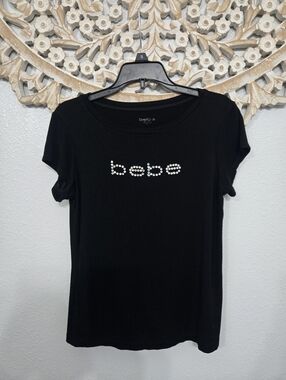 Bebe Black Crystal Logo Y2k Glam Tee